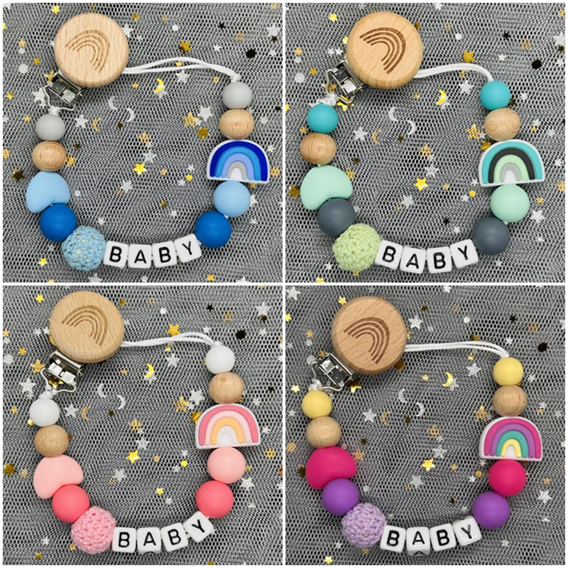 Handgemachte benutzerdefinierte Namensclips Schnuller personalisieren Schnullerclips Halter Baby Silikon Regenbogen Schnullerhalter Kette Baby Beißring Geschenk Image