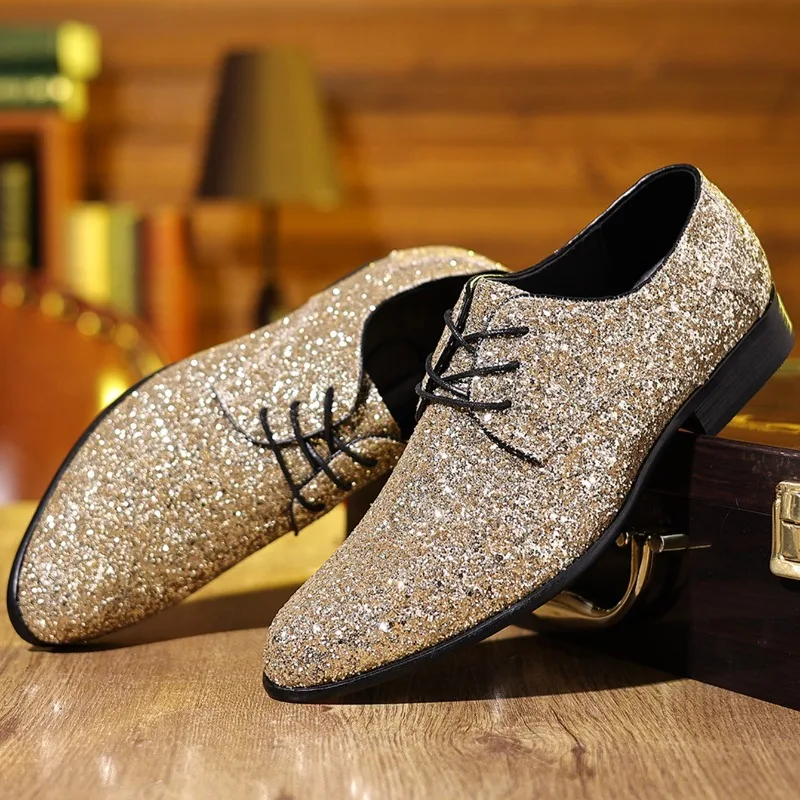 Luxus Männer Kleid Schuhe Gold Silber Pailletten Hochzeit Schuhe Hohe Qualität Lace-Up Oxford Schuhe Mode Designer Männer Wohnungen große Größe