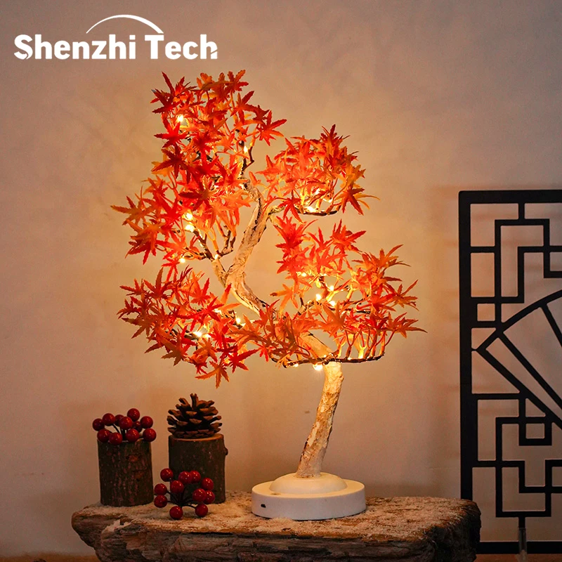 Künstliche Bonsai-Baum-Lichter, Tischdekoration, Ahornblätter, Baum-Fee-Lampe, batteriebetriebenes/USB-betriebenes LED-Nachtlicht, für Camping-Dekoration
