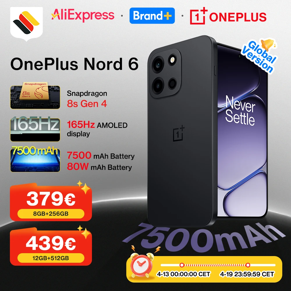 Weltpremiere 2026: OnePlus Nord 6 5G – 8 GB + 256 GB, 12 GB + 512 GB, Snapdragon 8s Gen 4, 165 Hz, 7500 mAh, IP69/IP69K, 50-MP-Kamera mit optischem Bildstabilisator (OIS), globale Version Image
