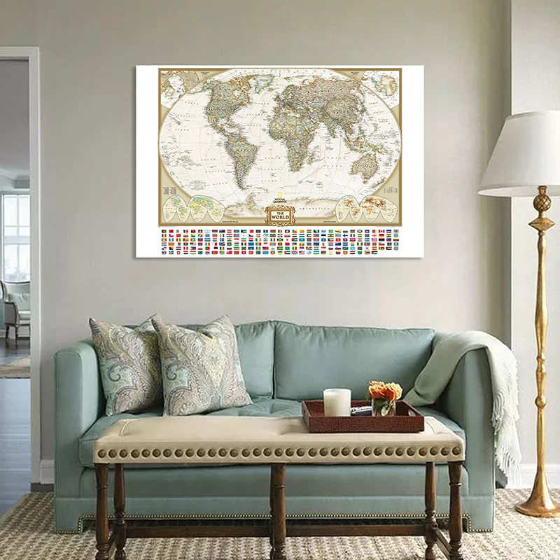 Reisezubehör Wandkunstdrucke Die Weltkarte mit Nationalflaggen Retro-Karte Kulturposter Dekobilder Wohndekoration Image