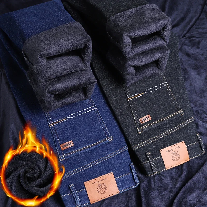 Neue Winter Männer Fleece Warme Jeans Klassischen Stil Business Casual Verdicken Samt Dünne Denim Hosen Marke Hosen Männliche Größe 28-42