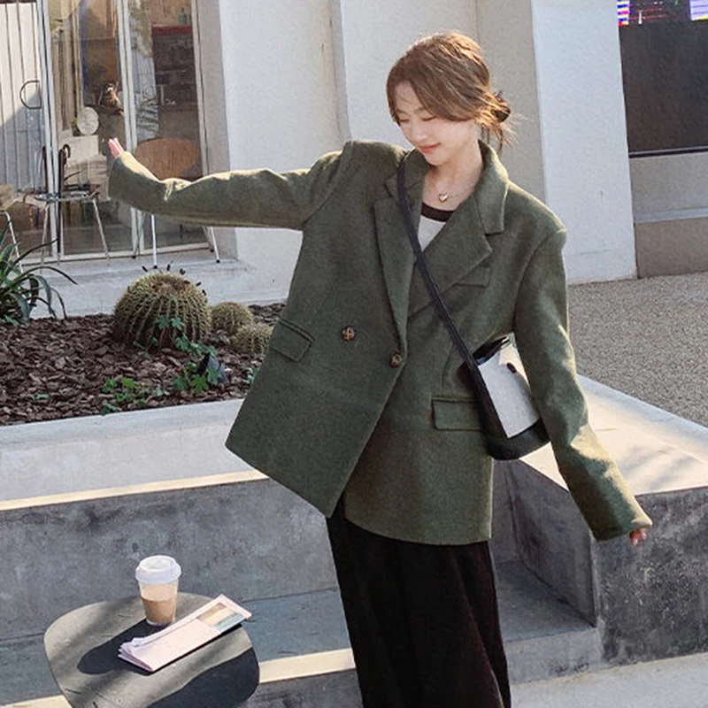 Frauen Koreanische Woolen Blazer Vintage Lose Beiläufige Taste Büro Dame Anzug Mäntel Elegante Herbst Ästhetischen Grün Einfache Jacke Neue
