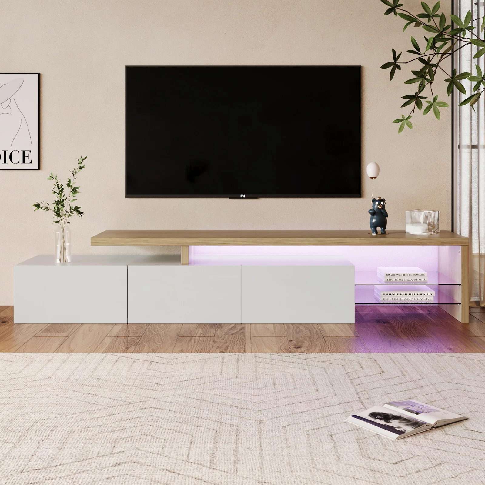 Rosahqnda Moderner TV-Schrank, stilvolle Eleganz, praktischer Stauraum, Hochglanz-Weiß, Holzoptik, Glasböden, 200 x 42 x 39 cm
