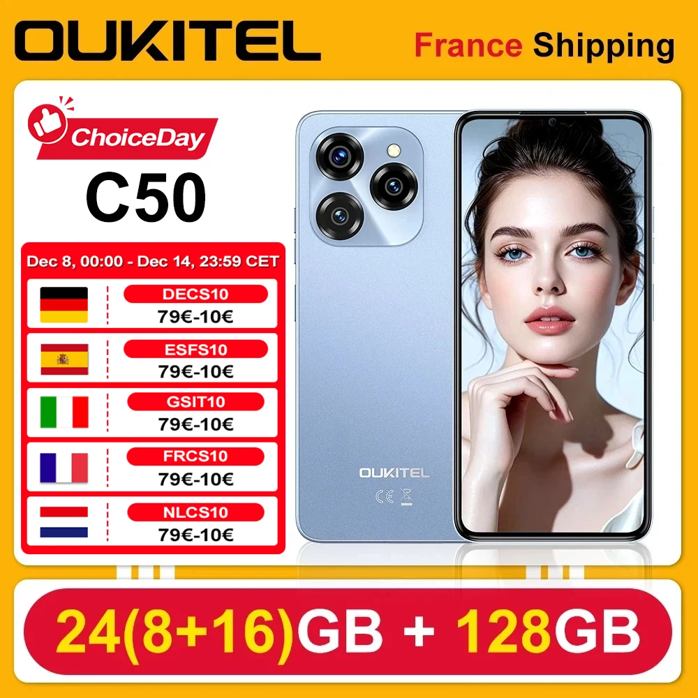 OUKITEL C50 5G Android 14 Smartphone 24 GB (8 + 16) 128 GB 5100 mAh 50 MP + 5 MP Kamera 6,8'' HD+ Display Fingerabdruck-Entsperrung Mobiltelefon Image