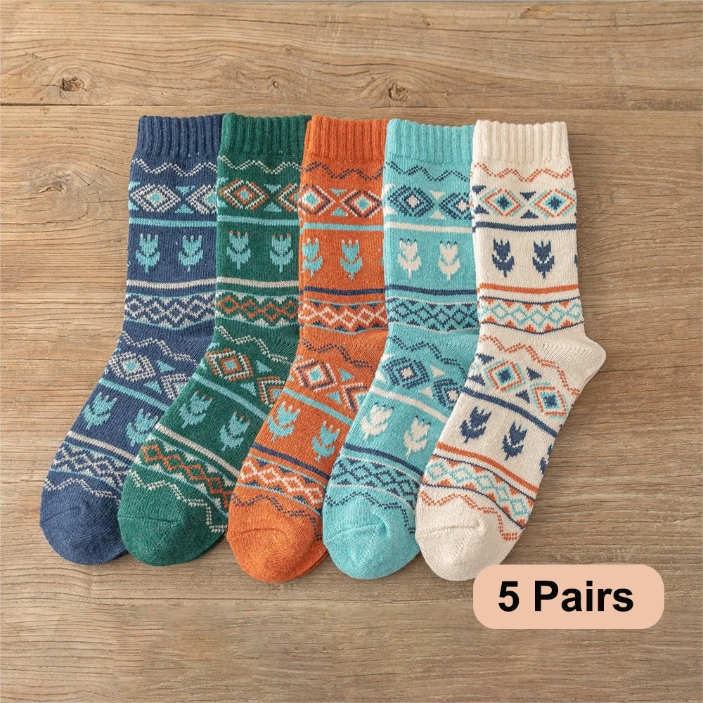 5 Paar viele neue Socken für Männer und Frauen, dicke warme Wintersocken, Retro-Stil, Blumenmuster, Paarmodelle, freie Größe Image