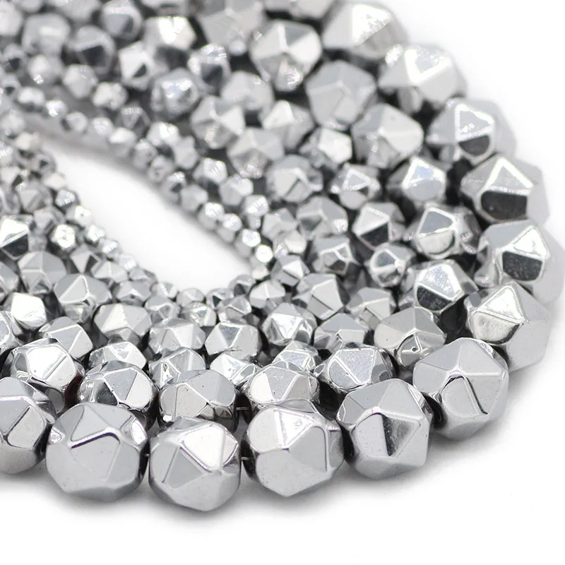 3-10MM Facettierte Runde Naturstein Silber Farbe Hämatit Spacer Lose Perlen Für Schmuck Machen DIY Armband Halskette zubehör Image