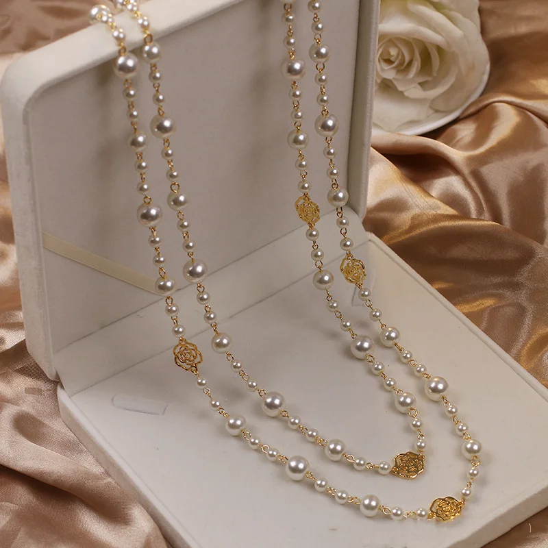 Vintage Dame Kamelie Perlen Blume Lange Halskette Kette Elegante Doppel Schichten Mode Schmuck Für Frauen Party Collares de moda