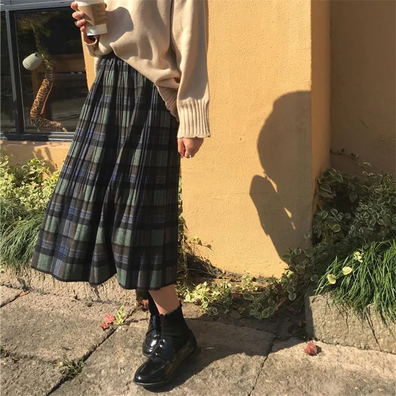 Vintage Wolle Plissee Plaid Rock Frauen Hohe Taille Plus Größe Langen Rock 2022 Herbst Winter Harajuku Weibliche Party Rock Streetwear