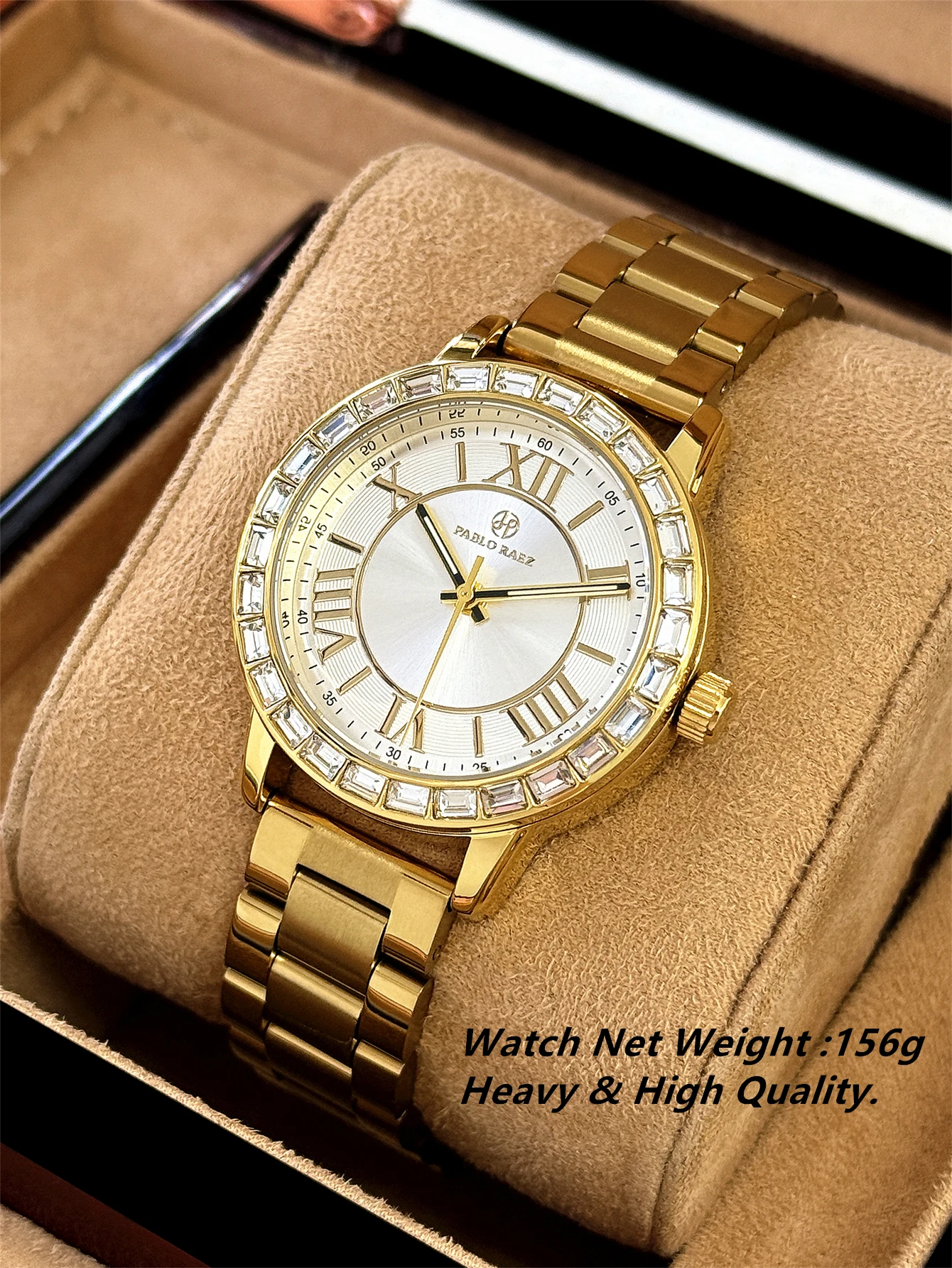 Luxusmarken-Paaruhr mit Kristallglas, Gold-Stahlarmband, Wasserdicht, Business-Stil, Modische Quarz-Armbanduhr für Damen und Herren, mit Box Image