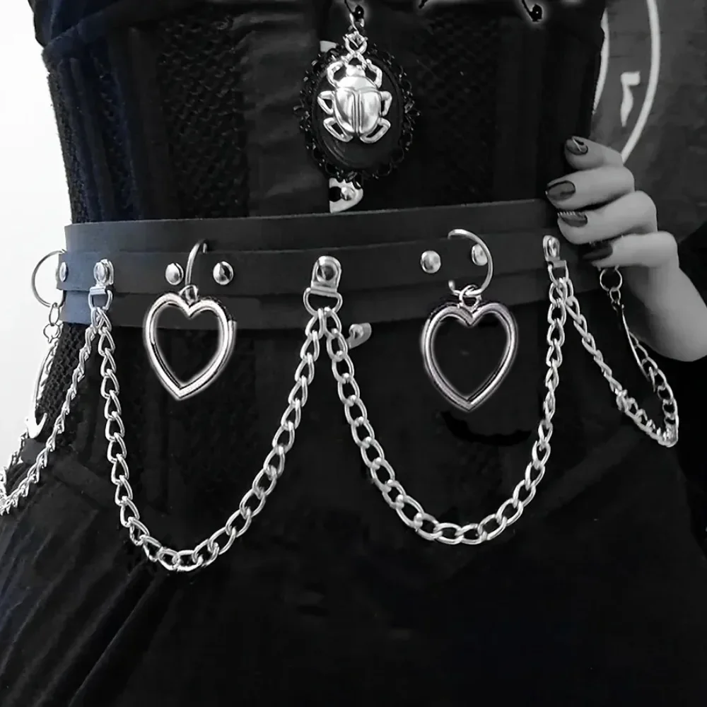Witches Statement-Gürtel aus veganem Leder, Mond-Herz-Kreis-Kettengürtel, Gothic-Rock, Vintage-Bund für Frauen und Mädchen Image
