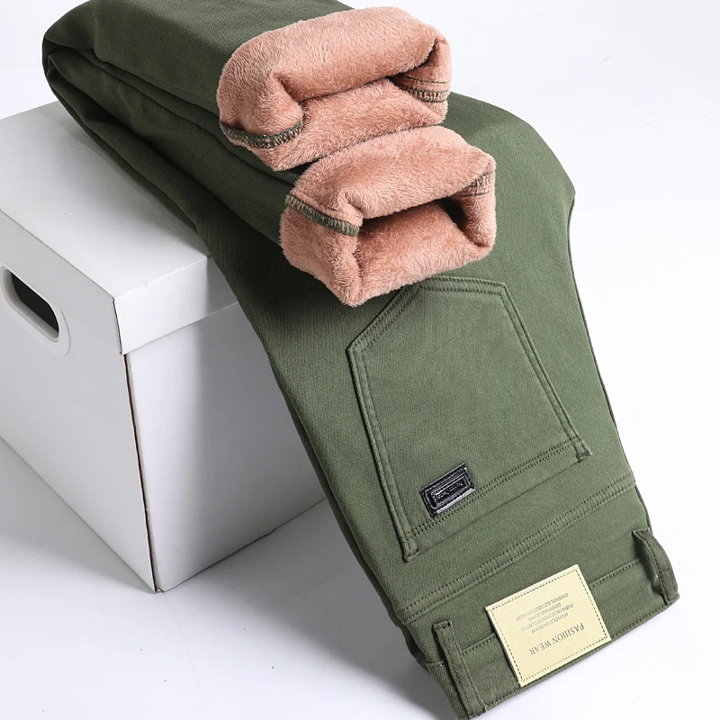 Winter Fleece Jeans Herren Baumwolle Weiche Elastische Passform Gerade Warm Plus Samt Denim Hosen Dicke Mode Koreanische Casual Hosen Image