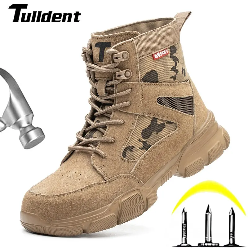 Outdoor Männer Arbeitsstiefel Sicherheitsschuhe Anti-Pannen-Sicherheitsstiefel Arbeit Stahlkappe Schuhe Unzerstörbar Desert Combat Boots Schutz Image