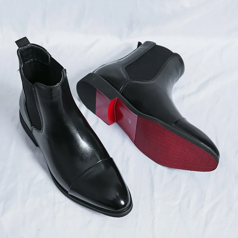 Herrenstiefel, Business-Stiefeletten, rote Sohle, spitze Zehen, Kleiderstiefel, britische High-Top-Lederschuhe, Slip-On, lässiger Herren-Chelsea-Stiefel