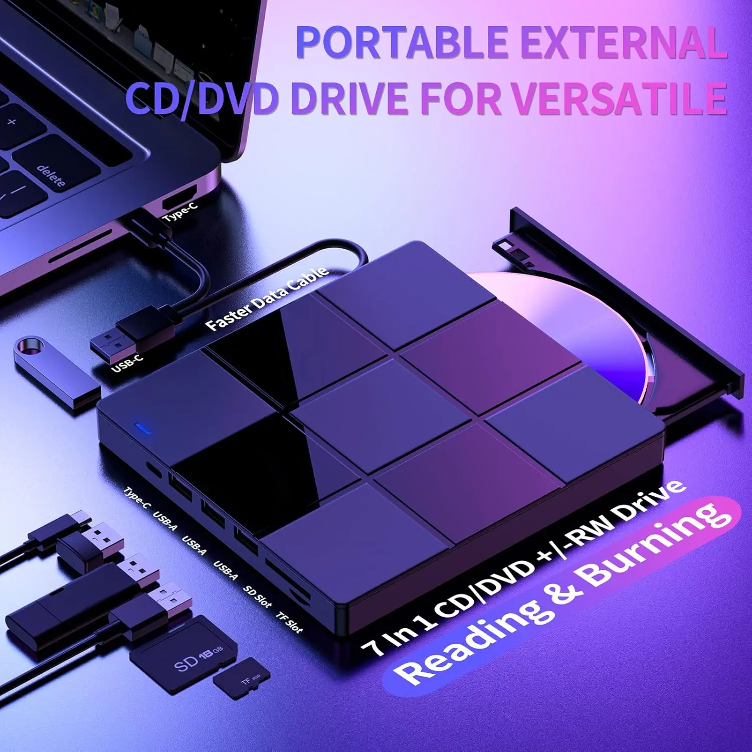Externes CD-/DVD-Laufwerk, DVD-Player für Laptop, USB 3.0, ultradünnes tragbares optisches Laufwerk mit CD-Brenner, kompatibel mit Desktop-Mac-PC Image