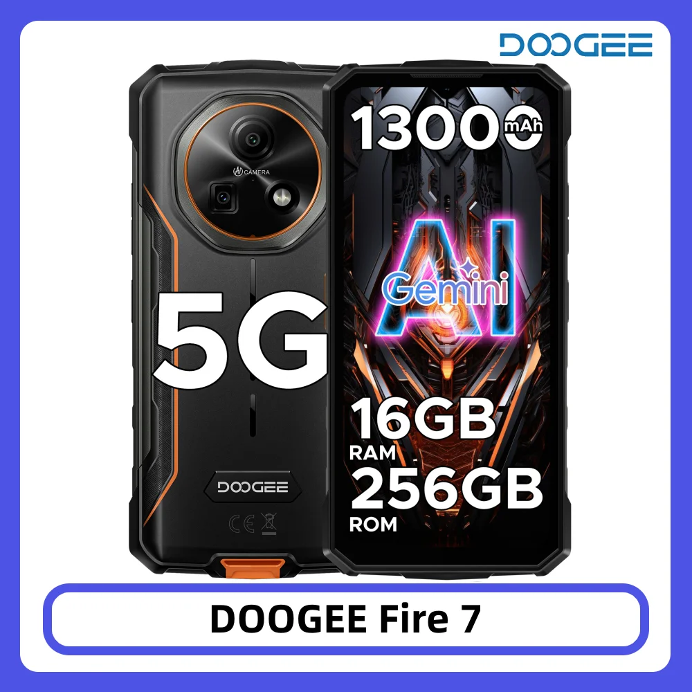 DOOGEE Fire 7 5G Robustes Smartphone 16GB 256GB 13000mAh Akku Dimensity 6300 Gemini AI 64MP Kamera NFC Android 15 Smartphone