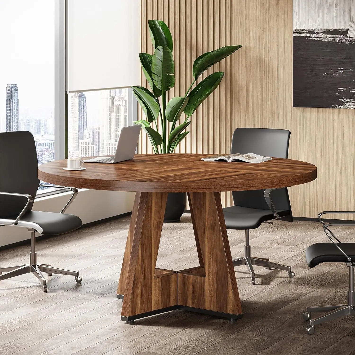 47-Zoll-runder Konferenztisch für 4–6 Personen, Konferenzzimmertisch aus Holz mit dicker Tischplatte und Holzsockel