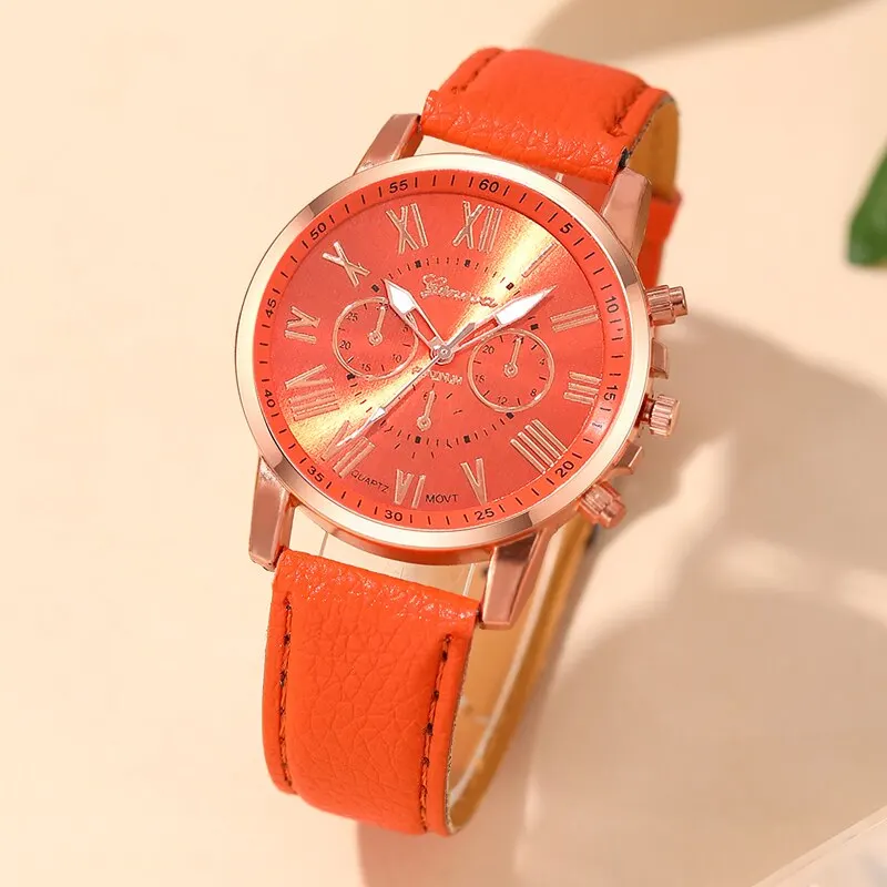 Reloj mujer mode frauen uhren damen orange leder quarz armbanduhr für frauen bussiness casual watch relogio feminino Image