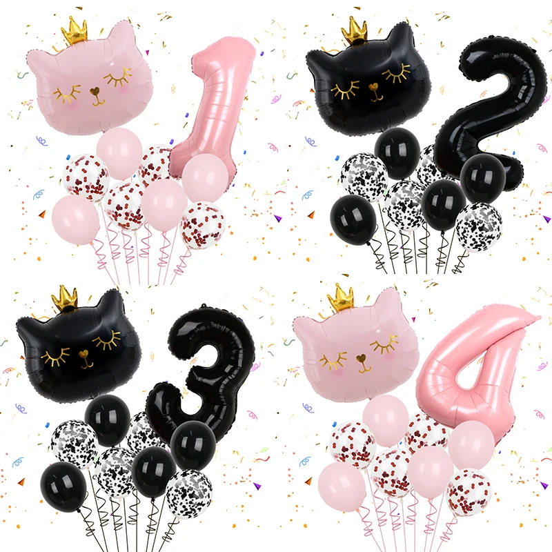 10 Stück 32 Zoll Zahl Katze Tier Folienballons Alles Gute zum Geburtstag Dekoration Kinder Mädchen Junge 1 2 3 4 5 6 7 8 9 Jahre alt Globos Zubehör Image