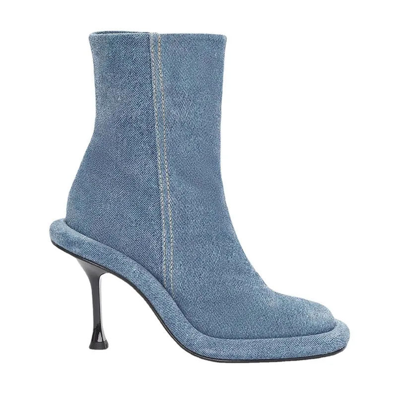 Herbst Winter Neue Blaue Denim Kurze Stiefel Europäischen Amerikanischen High Heel Dicke Sohle Runde Kappe Seite Zipper frauen Schuhe größe 35-43