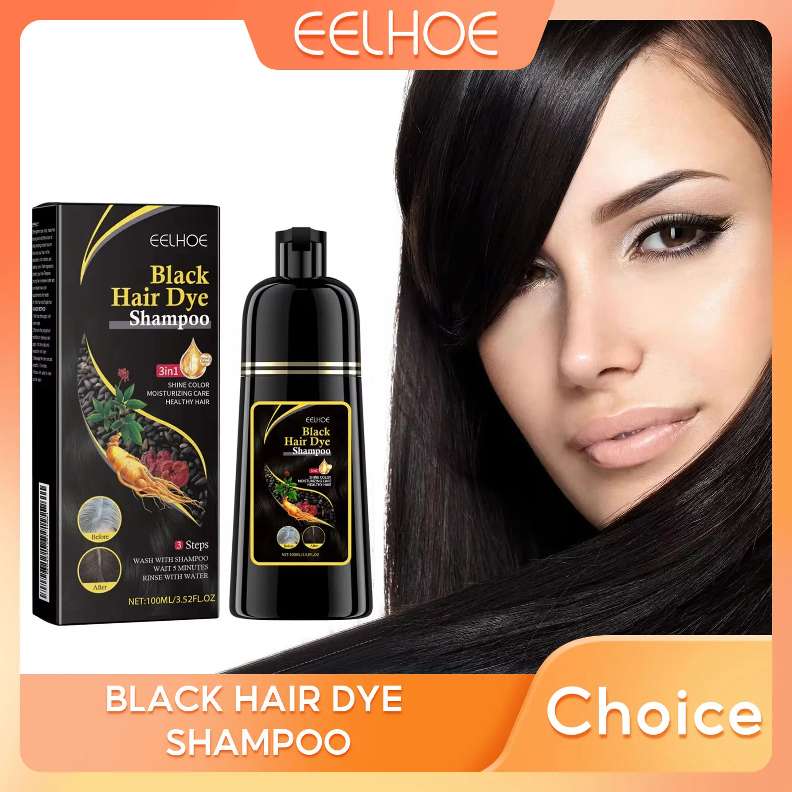 EELHOE Schwarzes Haarfärbe-Shampoo, 3-in-1-Wachstum, sauberes Haar, verdunkelndes, tief nährendes schwarzes Haarfärbe-Shampoo, natürliches Bio-Kräuter