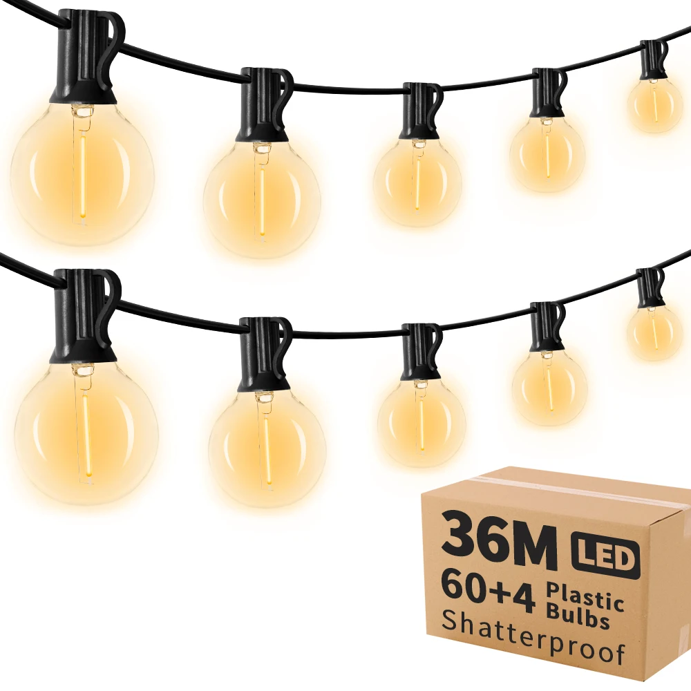 G40 LED 36 m Außen-Lichterkette mit 64 Kunststofflampen. Aufsteckbare Außen-Lichterkette für Gärten, Hochzeiten, Partys, Terrassen