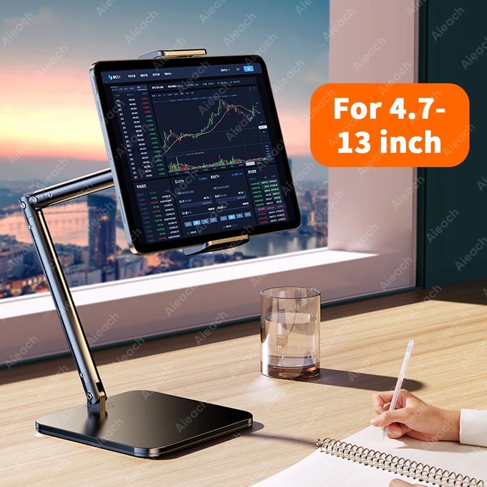 Tablet-Ständerhalter, 15 Zoll, verstellbarer langer flexibler Metallarm für 4,7-13 Zoll große Telefone, iPad-Ständer, ergonomischer Desktop-Halter mit mehreren Winkeln Image