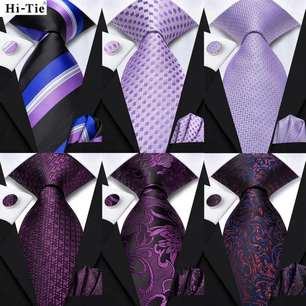 Hi-Tie lila lila Blumen gestreifte Seide elegante Krawatte für Männer Bräutigam Hochzeit Männer Krawatte Tasche Quadrat Manschetten knopf Zubehör Großhandel