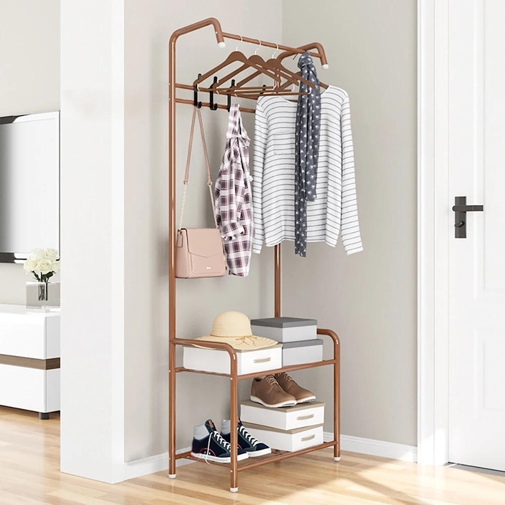 Stabiler Garderobenständer, Schuhregal, Kleiderständer, Hosentaschenaufhänger, integrierte Garderobe, 57 cm, Kaffeefarbe, Garderobenständer für Wohnzimmer und Schlafzimmer Image