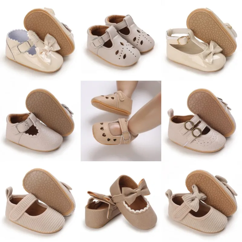 Khaki 0-18M Baby-Freizeitschuhe, Säugling, Kleinkind, Schleife, rutschfest, Gummi, weiche Sohle, flach, PU, Lauflernschuhe, Neugeborene, Schleife, Dekor, Mary Janes