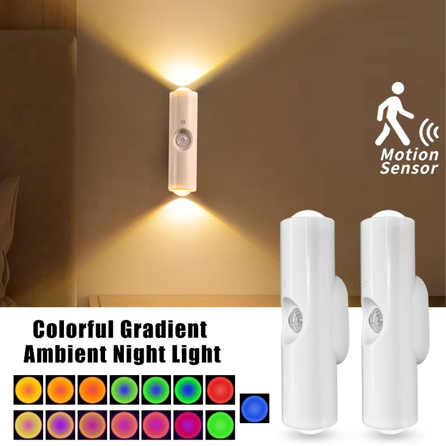 LED-Nachtlicht mit Bewegungsmelder, RGB-Farben, wechselnde kabellose Wandlampe, wiederaufladbare magnetische Sonnenuntergangslampe für Schlafzimmer, Wohnzimmer