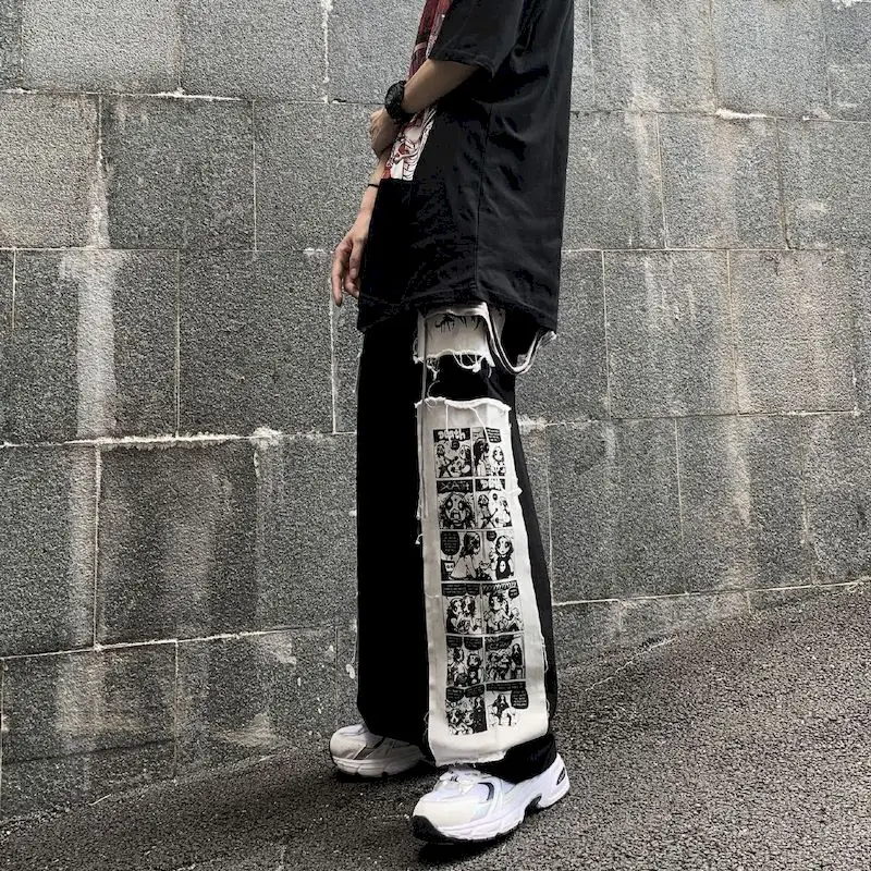 Gothic Punk Cargo Hosen Anime Patch Hosen für Frauen Hohe Taille Schwarz Hosen Casual Hose Harajuku Y2k Frauen Böden Hosen Image