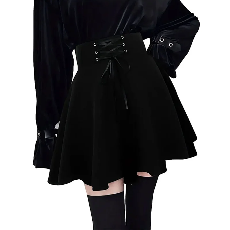 Halloween Mall Goth Rock Frauen Harajuku Y2k E-mädchen Hohe Taille Bandage Schwarz Mini Rock Dark Gothic Punk Club tragen Streetwear
