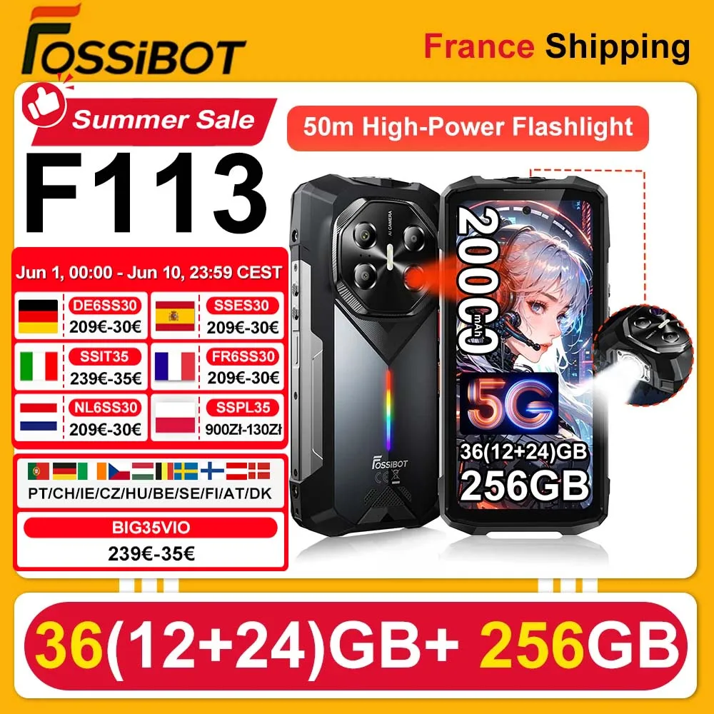 Robustes Smartphone FOSSiBOT F113 5G 36(12+24)GB+256GB 20000mAh Akku Mobiltelefon 33W Android 15 NFC Campingleuchte 64MP 120Hz Image