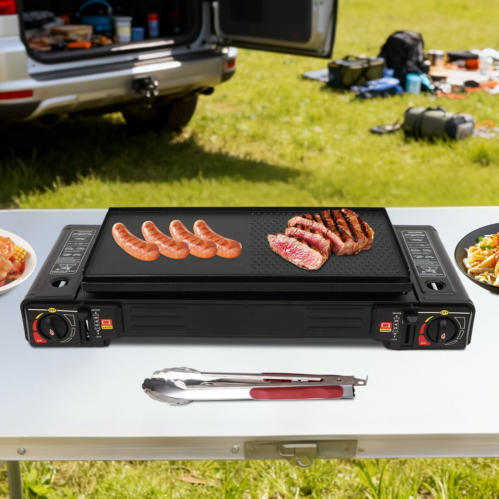 Tragbarer Campingkocher mit 2 Brennern, 2,5 kW, automatische Zündung, Butan-/LPG-Gasherd mit Backblech + Tragetasche für Wohnmobil, Picknick, Grillen im Freien Image