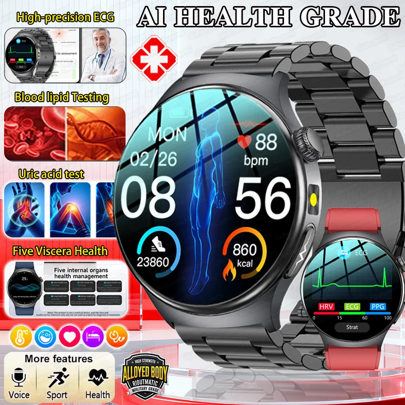 2026 Neue GUHUAVMI EKG-Organe Smart Watch Eingewachsene Monitor Uhr Männer Blutfette Harnsäure Körperanalyse BP Sport Anruf Smartwatch Image