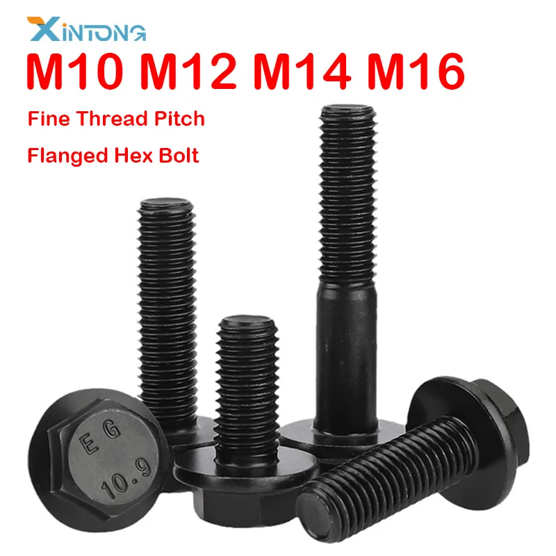 M10 M12 M14 M16 Güteklasse 10.9, schwarzer Kohlenstoffstahl, Flansch-Sechskantschraube, Kappenschraube, Feingewinde, Rastermaß 1,25/1,5 mm Flanschschraube Image