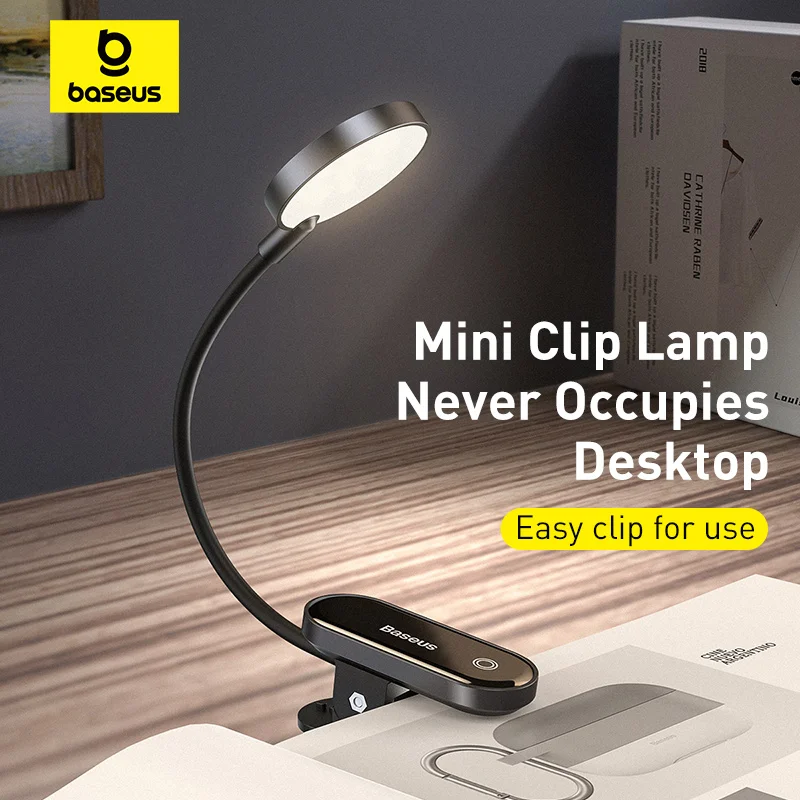 Baseus Tragbare Schreibtischlampe, LED-Mini-Clip, wiederaufladbare USB-Tischlampe, stufenloses Dimmen für Laptop, Lesen, Nachttisch, weiches Nachtlicht