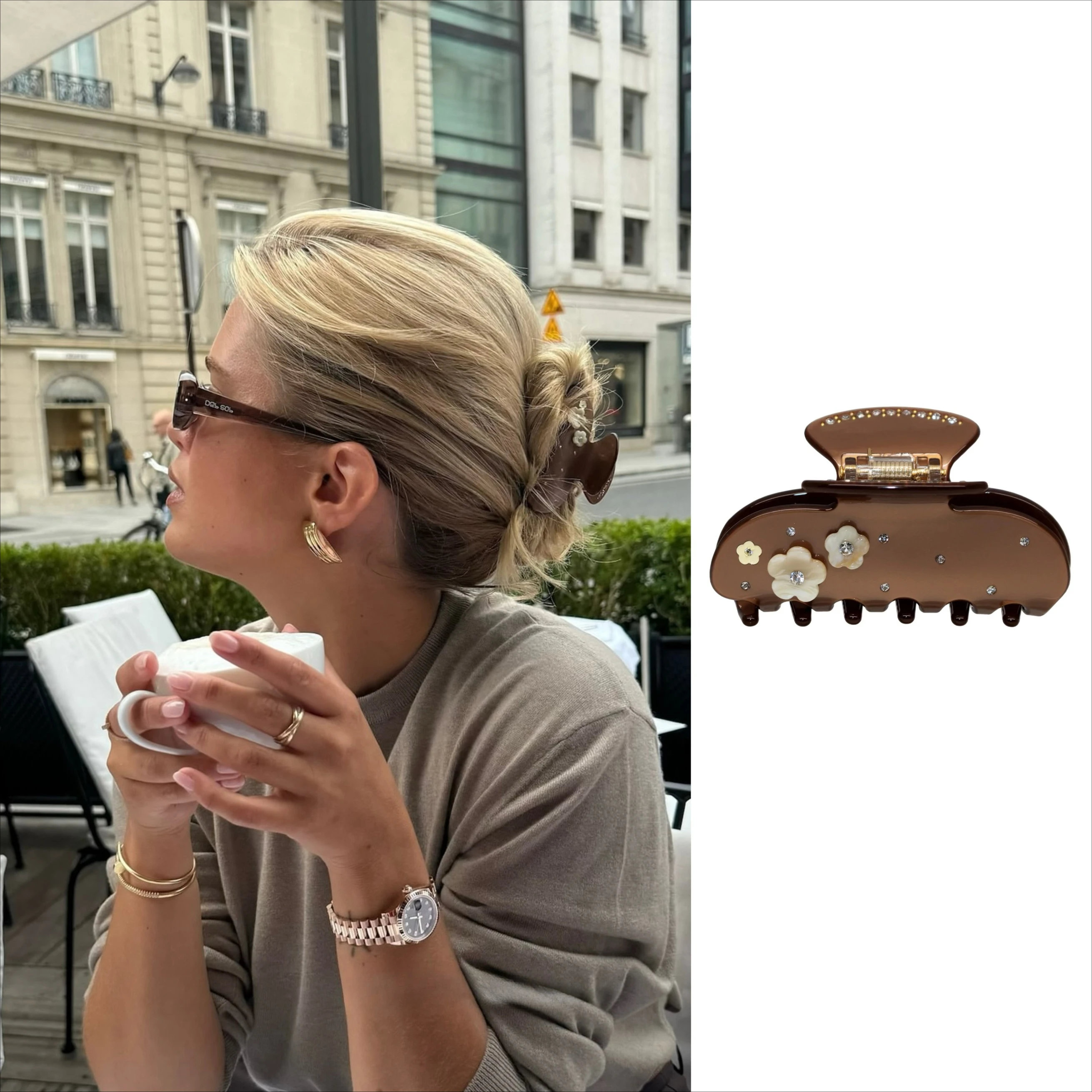 Luxus Kristall Blume Braun Haar Klaue Clip für Frauen Mädchen Mittlere Größe Acryl Haar Clip Vintage Haar Zubehör Herbst Winter Image