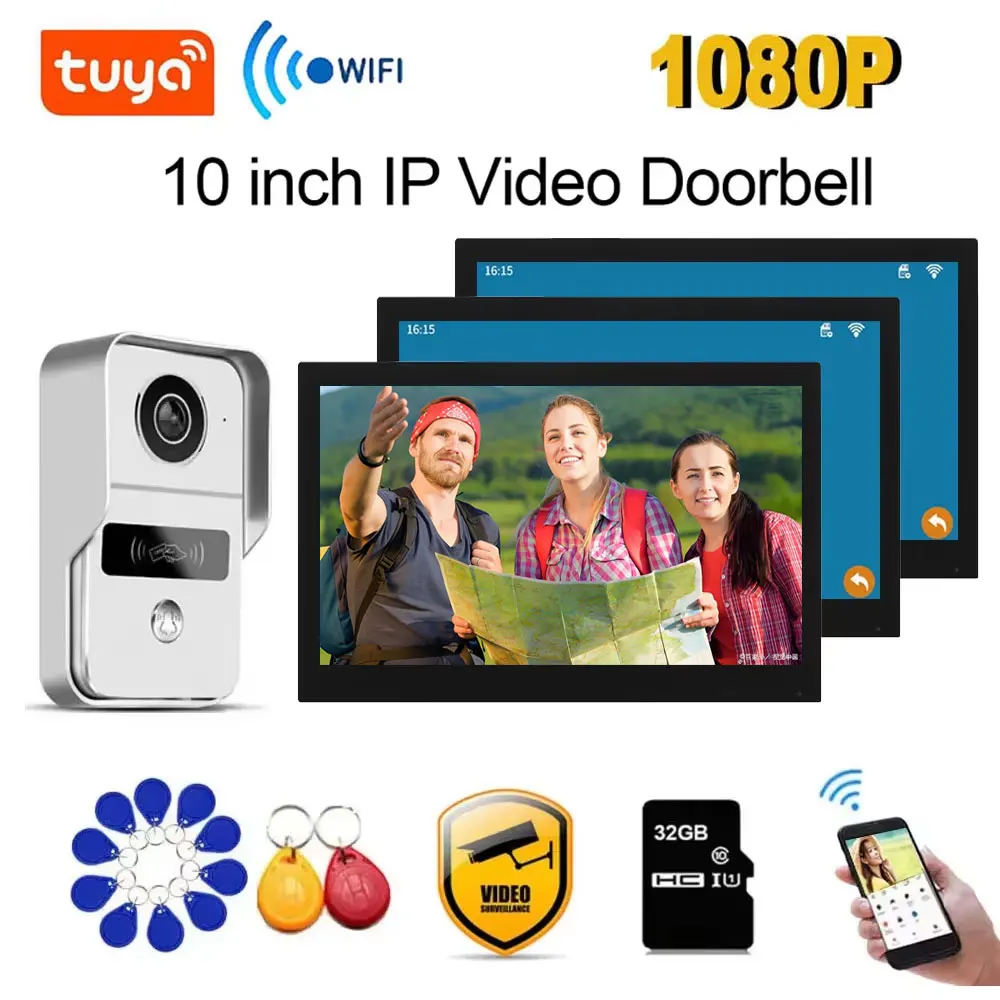 TUYA 1080P 10 Zoll 3 LCD Touchscreen WLAN Smart Home Drahtloses Video-Türsprechsystem RFID-Zugangskontrollsystem für Villa und Apartment Image