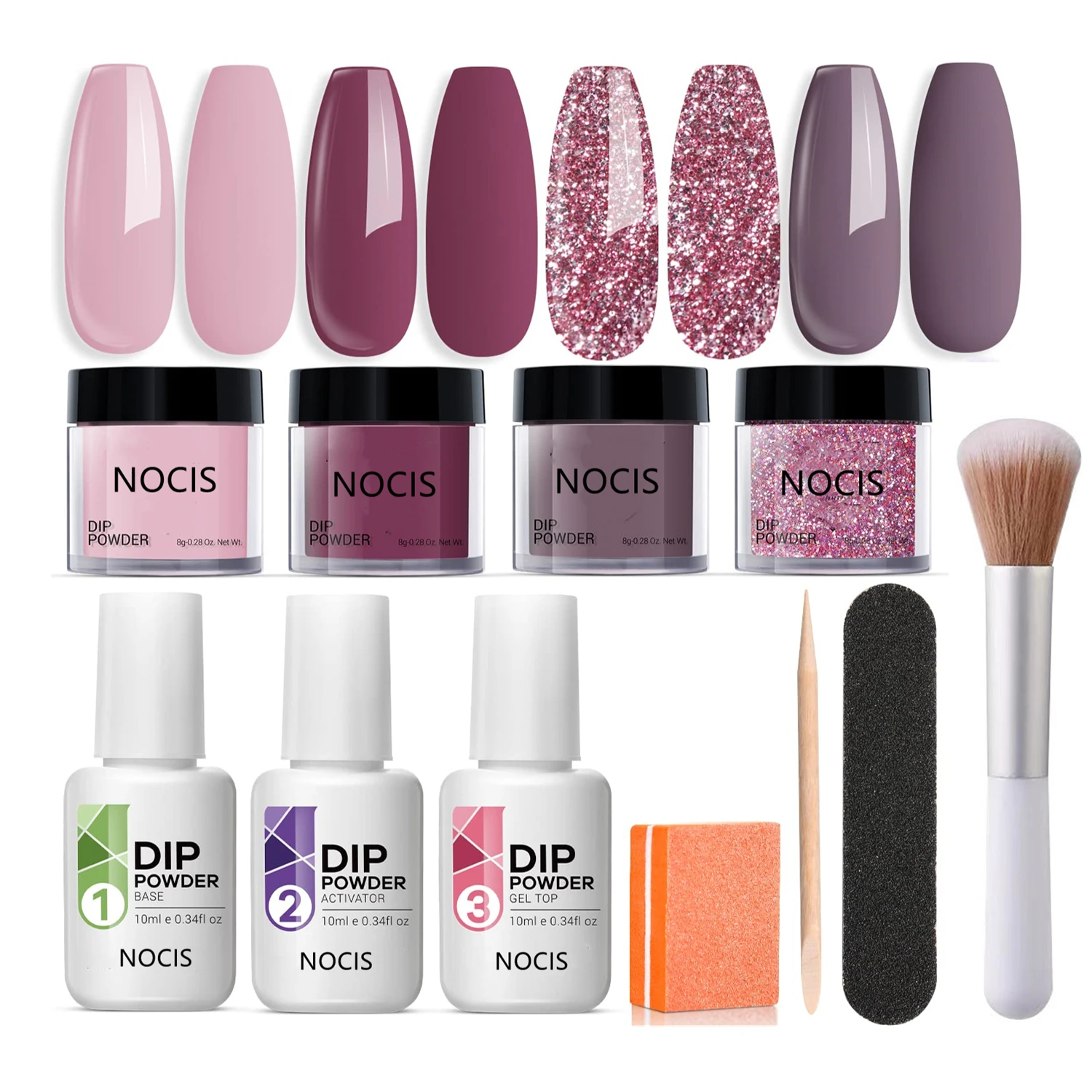 Dip Powder Nail Kit Starter, 4-Farben Nude Pinkish Glitters Acryl Dipping Powder System Liquid Set mit Basis/Top Coat Activato Image
