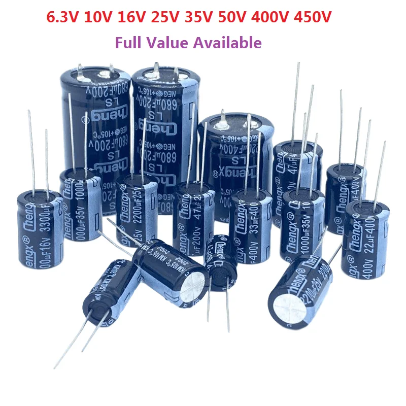6,3 V 10 V 16 V 25 V 35 V 50 V 400 V 450 V 1 UF 2,2 UF 4,7 UF 10 UF 1000 UF 22 UF 33 UF 47 UF 470 UF 100 UF 220 UF Aluminium-Elektrolytkondensator Image