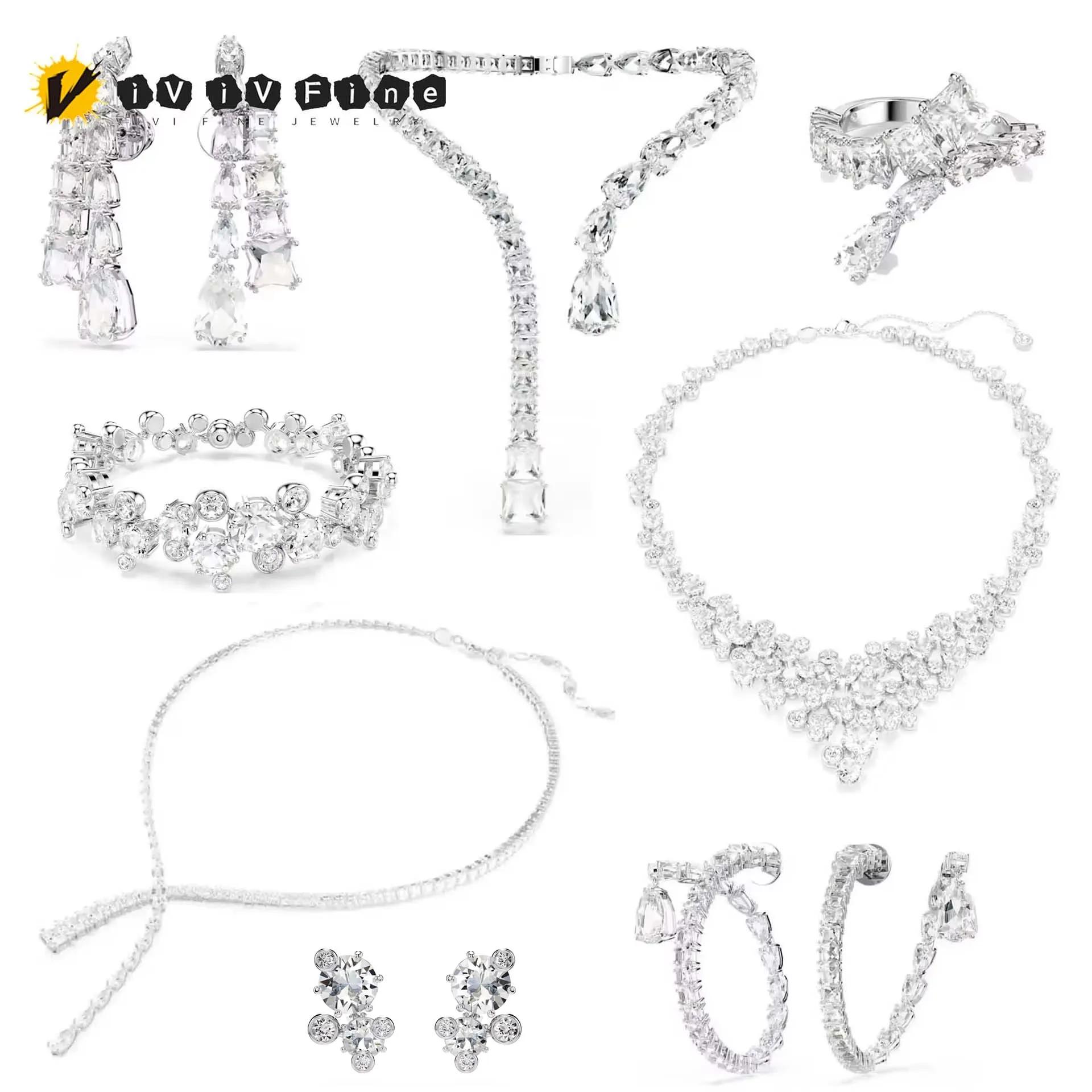 Original 2025, hochwertiges, funkelndes Kristall-Hochzeitsschmuck-Set, bezauberndes geometrisches Halsketten-Ohrring-Armband-Ring für Damen Image