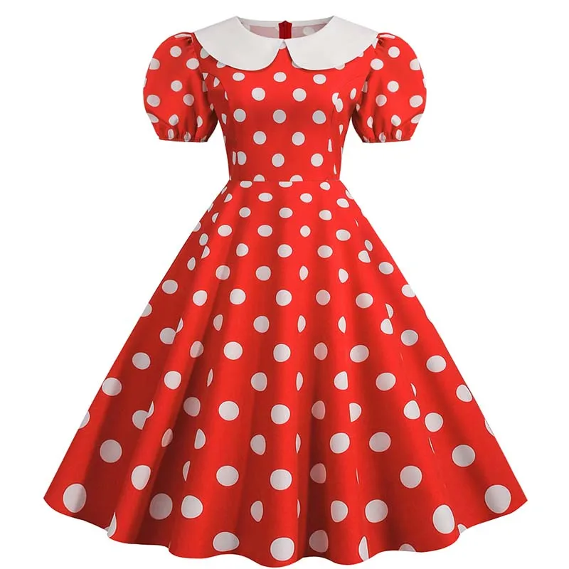 Elegantes Damen-Sommerkleid, Puffärmel, kurzärmelig, gepunktet, Peter-Pan-Kragen, Vintage, A-Linie, Midi, langes Party-Sommerkleid