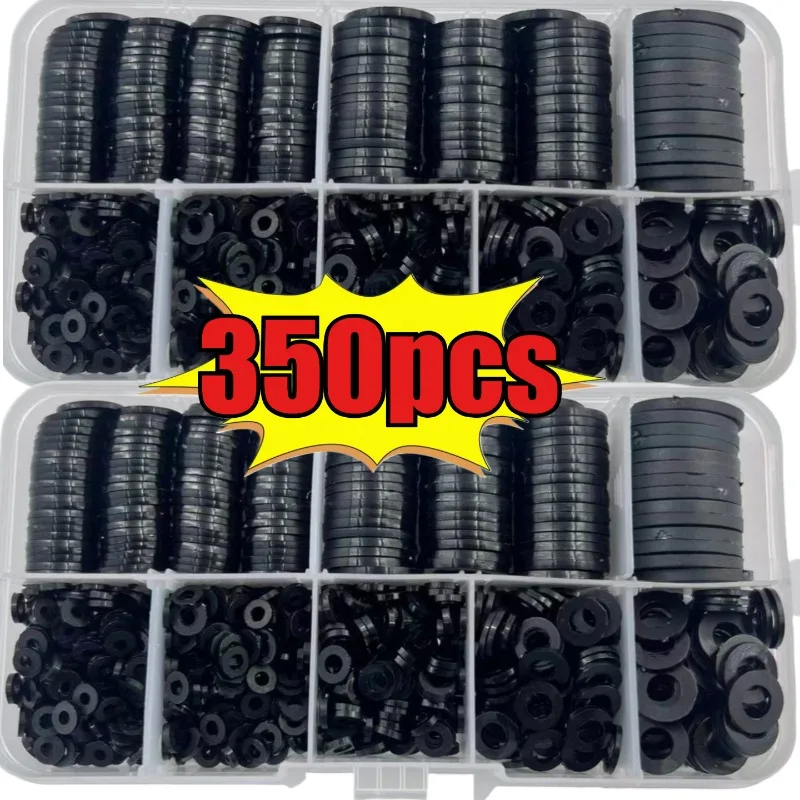 350-teiliges flaches Dichtungsset aus schwarzem Nylon, M2, M2,5, M3, M4, M5, M6, M8, Kunststoff-Nylon-Dichtungsdichtung, Sortiersatz Image