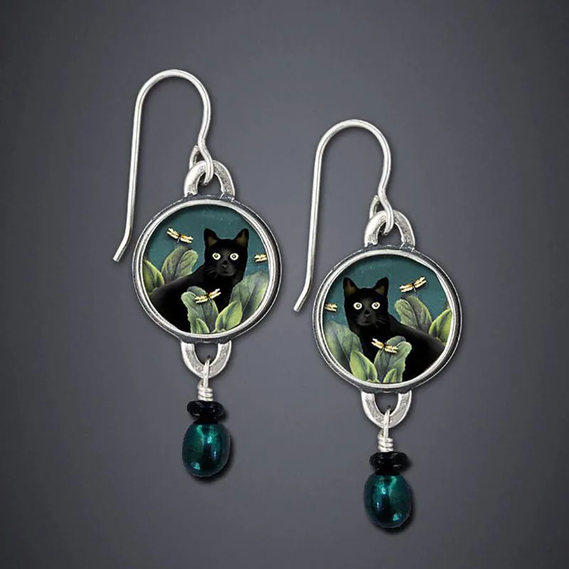 Vintage Runde Schwarze Katze Ohrringe für Frauen Ethnische Antike Silber Farbe Malerei Grüne Blätter Blauwe Parel Baumeln Ohrringe
