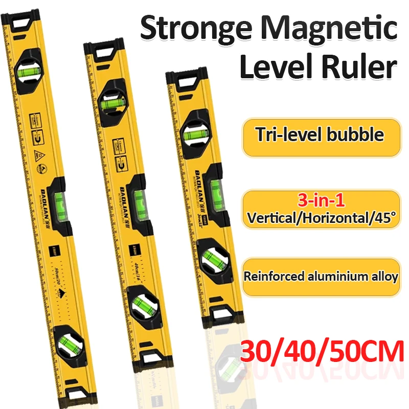 3-in-1-Magnetwaage aus Aluminiumlegierung 45 ° /90 ° /180 ° Wasserwaage-Lineal mit Blasen, stoßfest, zum Messen der Gleichgewicht, Nivellierer-Werkzeuge Image