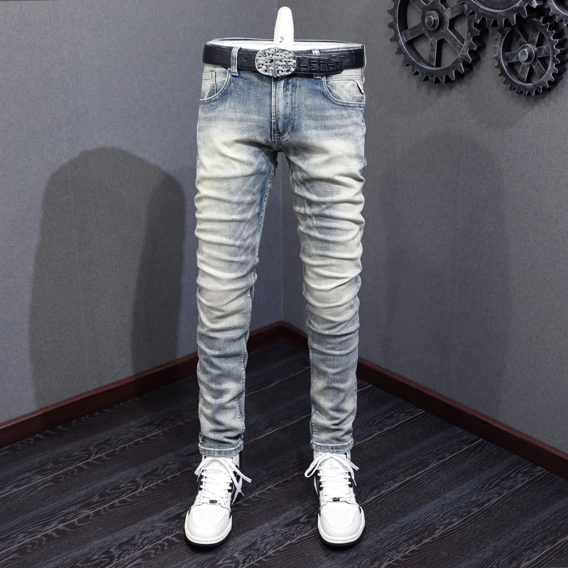 Italienische Mode Männer Jeans hellgrau blau Slim Fit Retro zerrissene Jeans Männer Vintage Hose lässig Designer Jeans hose Hombre