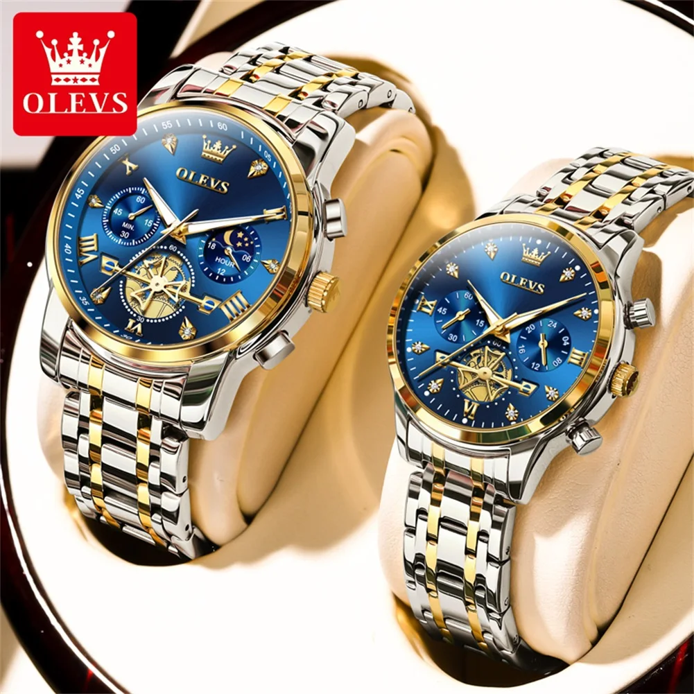 OLEVS Luxus Schwungrad Design Paar Armbanduhr Chronograph Wasserdichte Mondphase Uhr Marke Original Quarzuhr für Männer Frauen Image