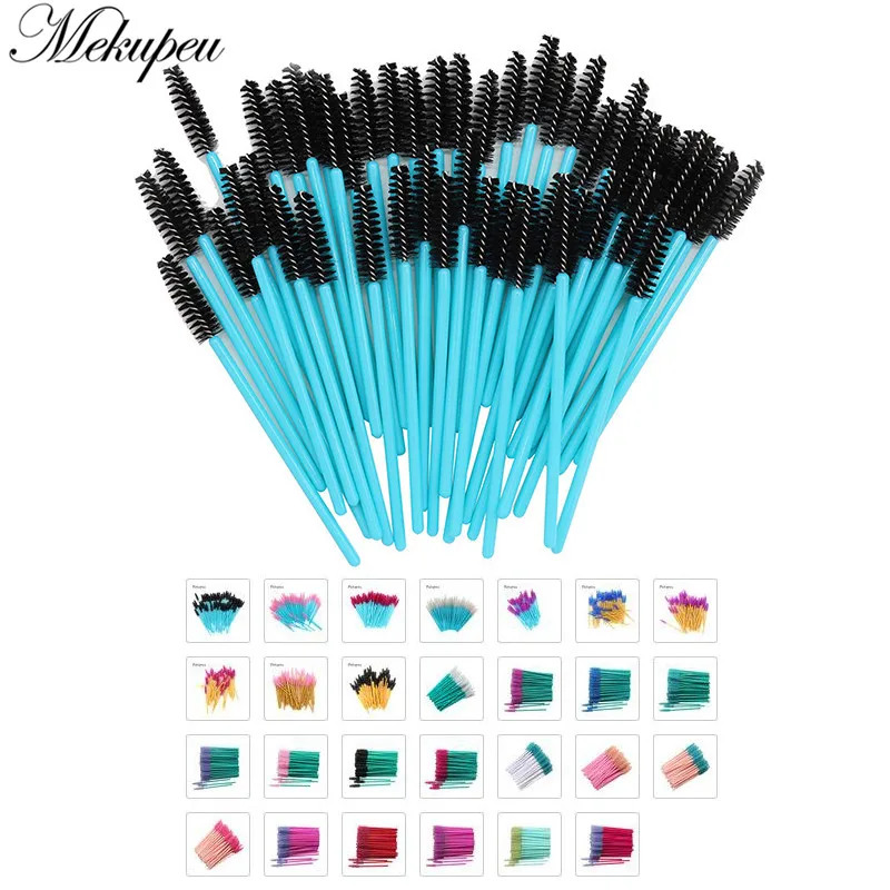50 Stück/Packung Nylon-Mascara-Bürsten mit goldenem/blauem Griff, Einweg-Wimpernbürsten für Wimpernverlängerung, Make-up-Pinsel Image